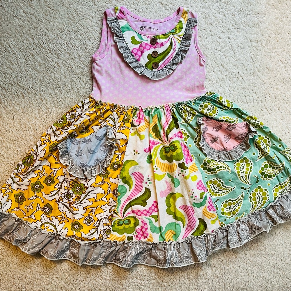 Mustard Pie polka dot pink, yellow, green, twirl dress with ruffles & pockets